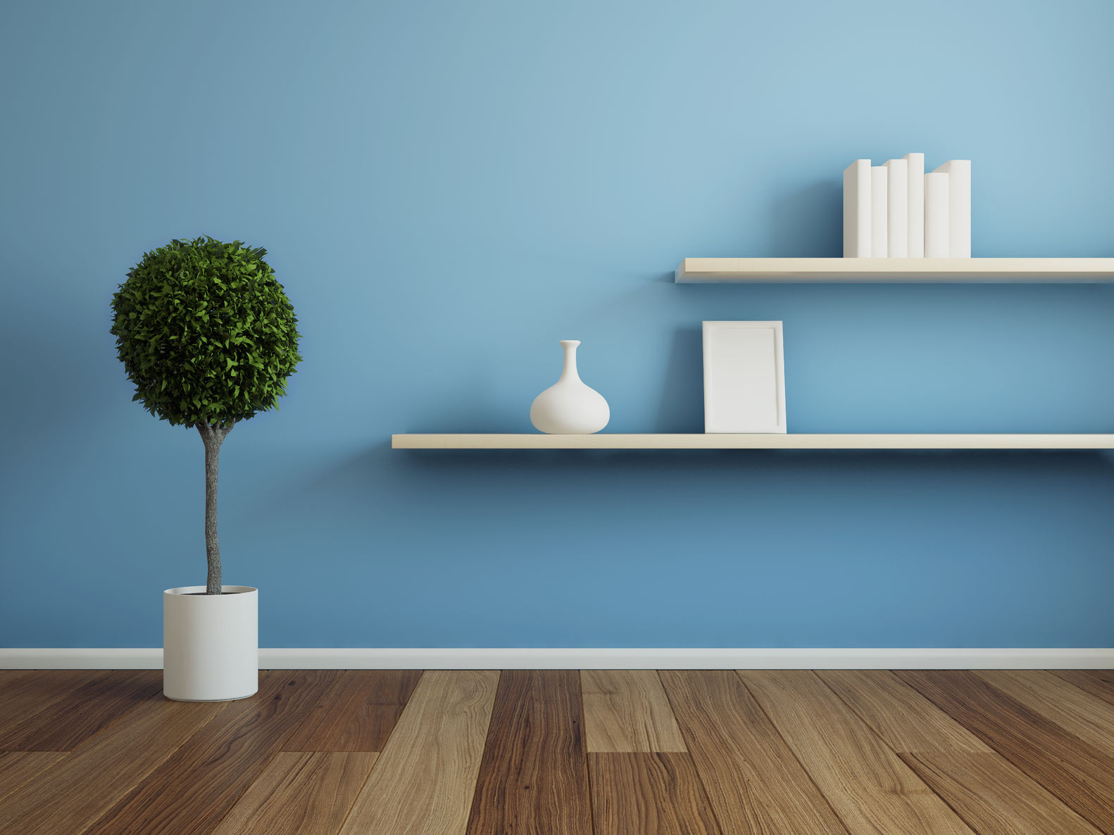 blue wall white shelving
